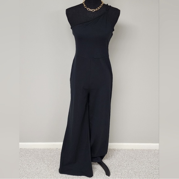 Future Collective Asymmetrical Black Strap One Shoulder Jumpsuit Straight Leg - Picture 2 of 7